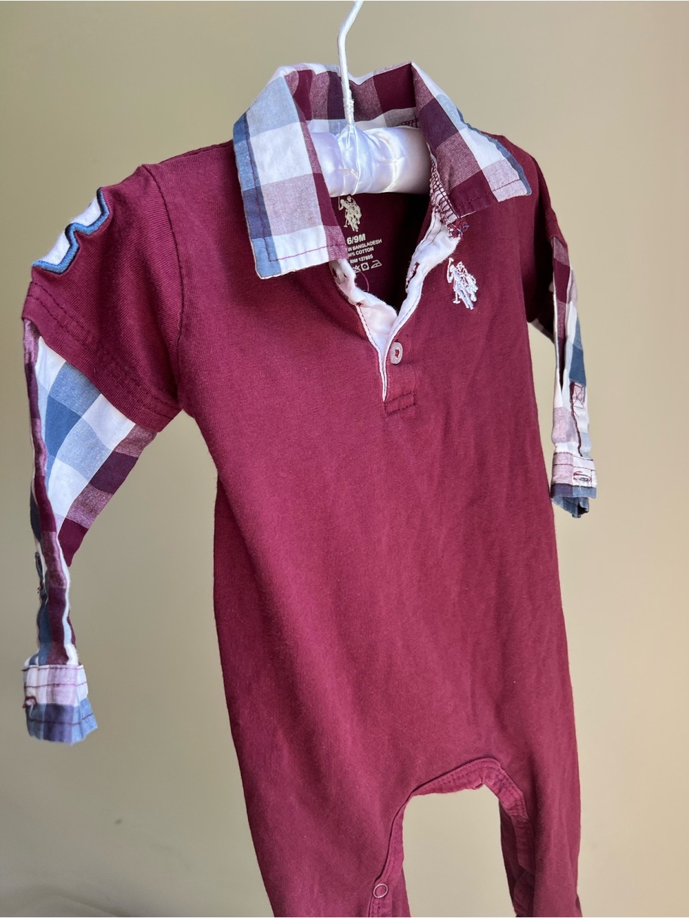 U.S. Polo Assn 6-9 month Burgundy Polo Romper with Plaid Trim